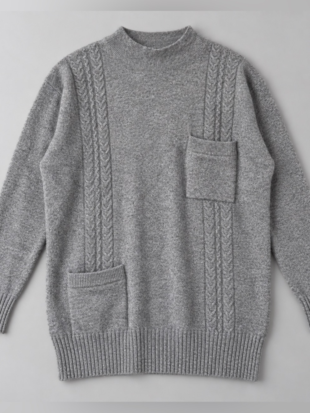 Theory 100% Cashmere Mock Neck Cable Knit Tunic Sweater Gray Pockets Oversized